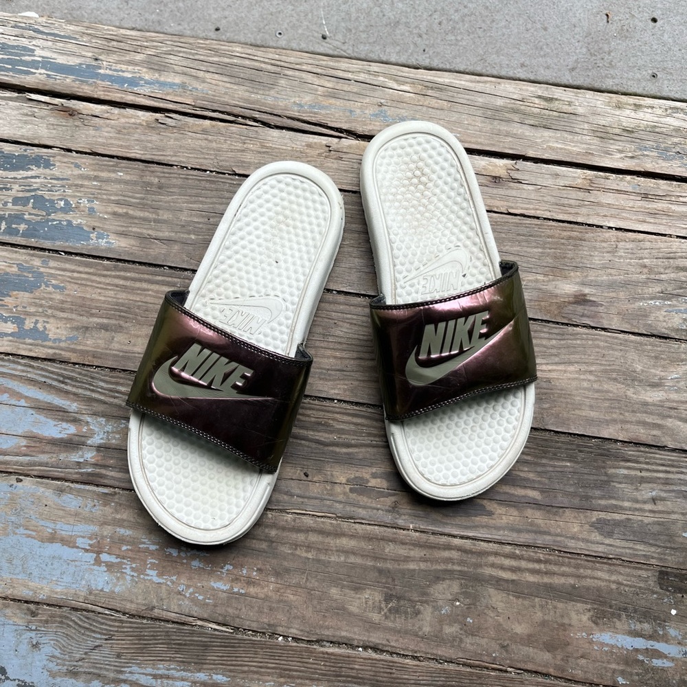 Metallic purple nike slides